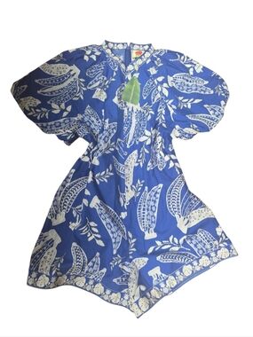 Farm RIO Blue & White Tropical Print Romper With Missing Belt.  NWT